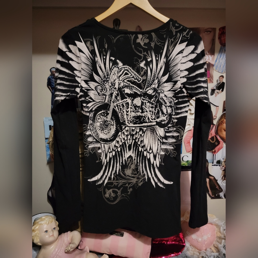 Los Angeles Bus Stop Black Bling Angel Wings Motorcycle Long Sleeve Large